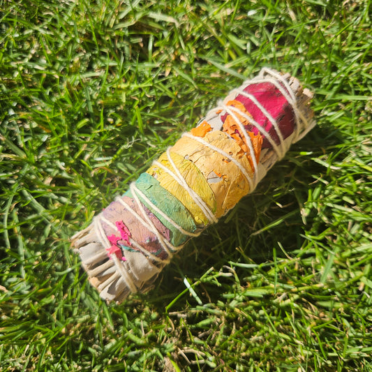 White Sage Smudge Stick Wrapped with Rainbow Rose Petals