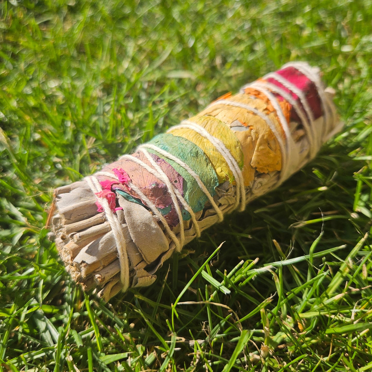 White Sage Smudge Stick Wrapped with Rainbow Rose Petals
