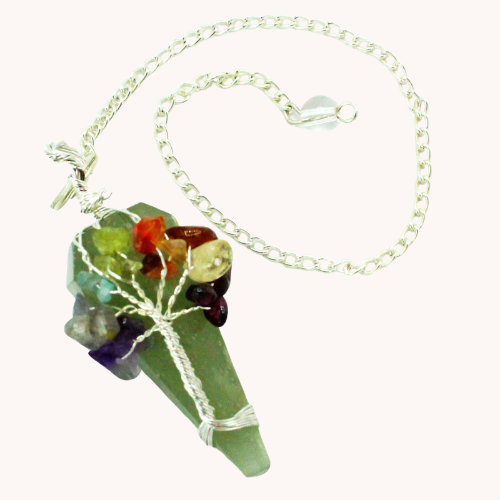 green crystal pendulum with wire-wrapped Tree of Life and chakra stones for energy work