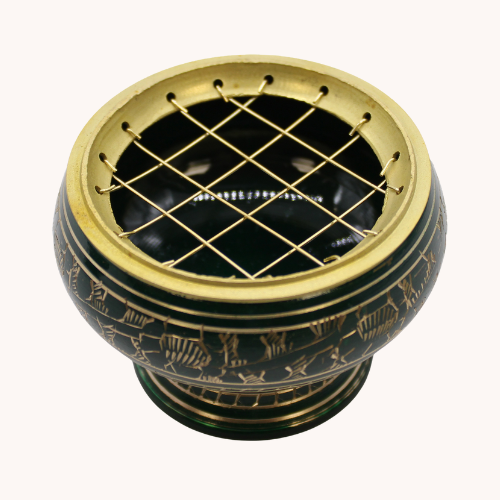 Black charcoal resin incense burner symbolizing grounded Heart Chakra healing and balance