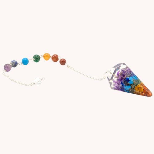 Colourful chakra resin pendulum with embedded stones and a silver chain featuring seven chakra crystal beads for energy healing and spiritual alignment.