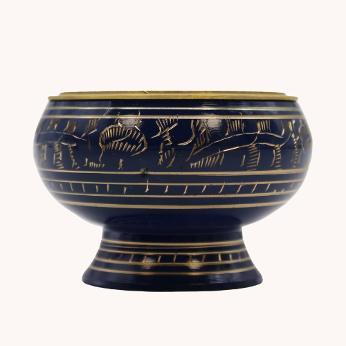 Dark blue resin incense burner with brass lid symbolizing the Throat Chakra