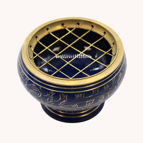Dark blue resin incense burner with brass lid symbolizing the Throat Chakra