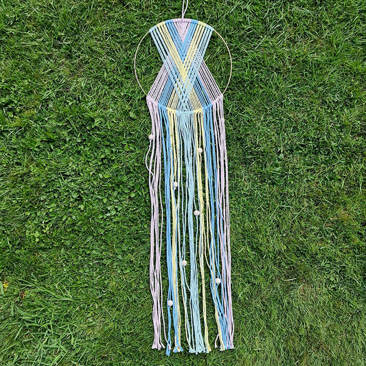 Handcrafted geometric macramé wall hanging in Pastel colours (Pink, blue, yellow and green with beads for boho décor