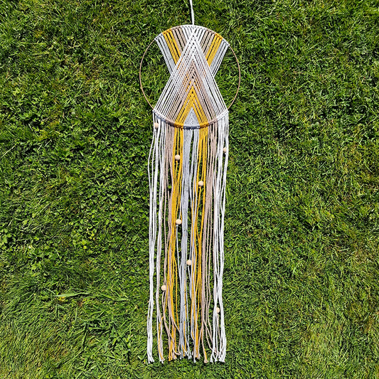 Handcrafted geometric macramé wall hanging in Neutral colours (Grey, Yellow, Beige and Cream) with beads for boho décor