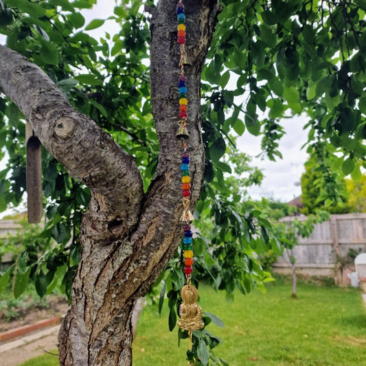Indian Brass Buddha Wind Chime with Chakra Beads and Bells – 53cm Hanging Spiritual Décor