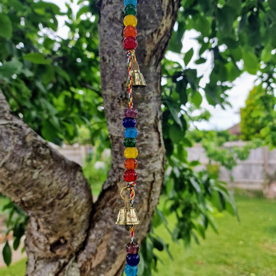 Indian Brass Buddha Wind Chime with Chakra Beads and Bells – 53cm Hanging Spiritual Décor