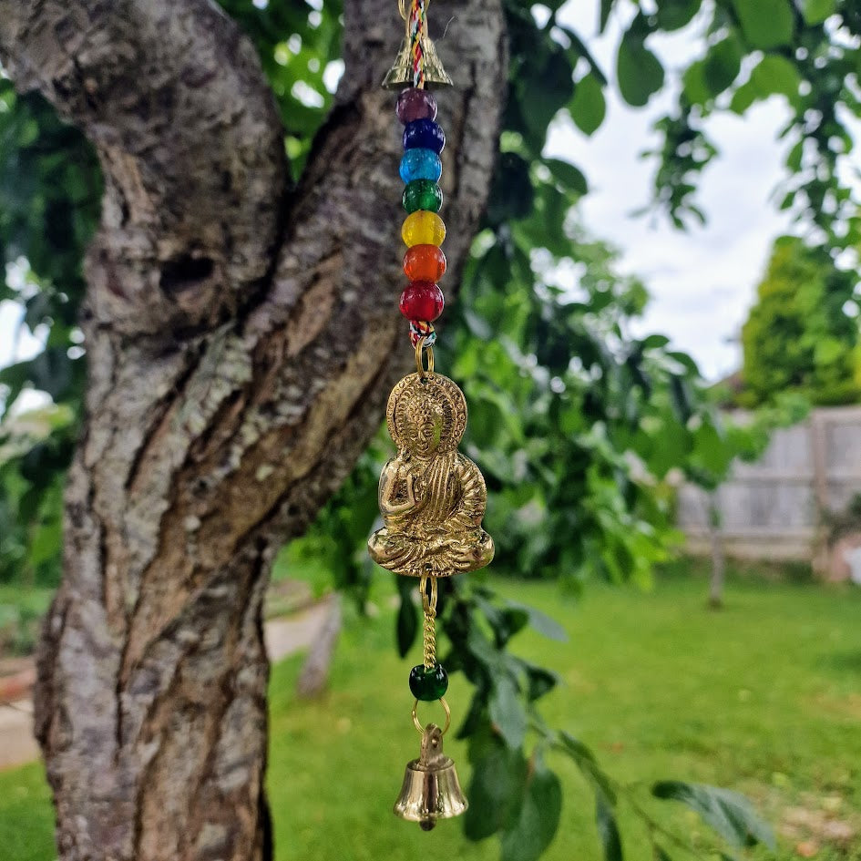 Indian Brass Buddha Wind Chime with Chakra Beads and Bells – 53cm Hanging Spiritual Décor