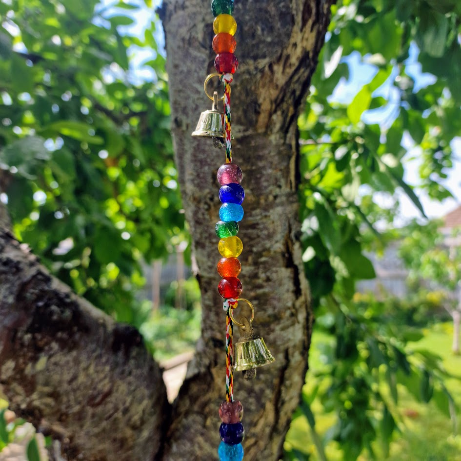 Colourful Om brass chime with chakra beads and bells for spiritual wall or door décor – 53cm Hanging Spiritual Décor
