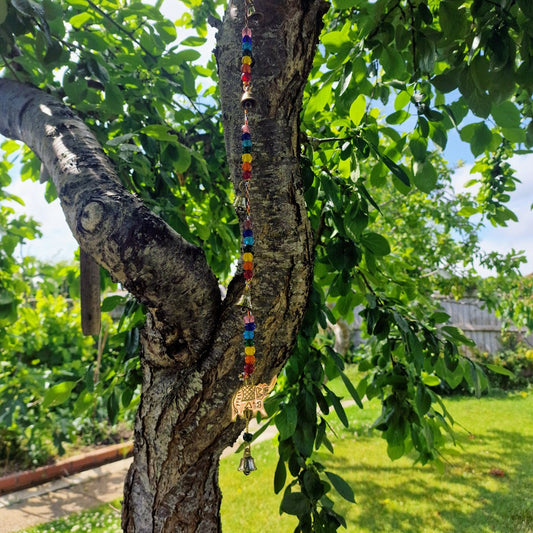 Indian Brass Elephant Wind Chime with Chakra Beads and Bells – 53cm Hanging Spiritual Décor