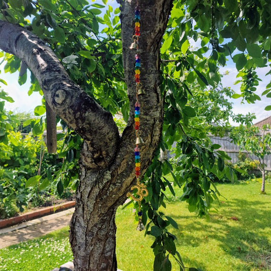 Colourful Om brass chime with chakra beads and bells for spiritual wall or door décor – 53cm Hanging Spiritual Décor