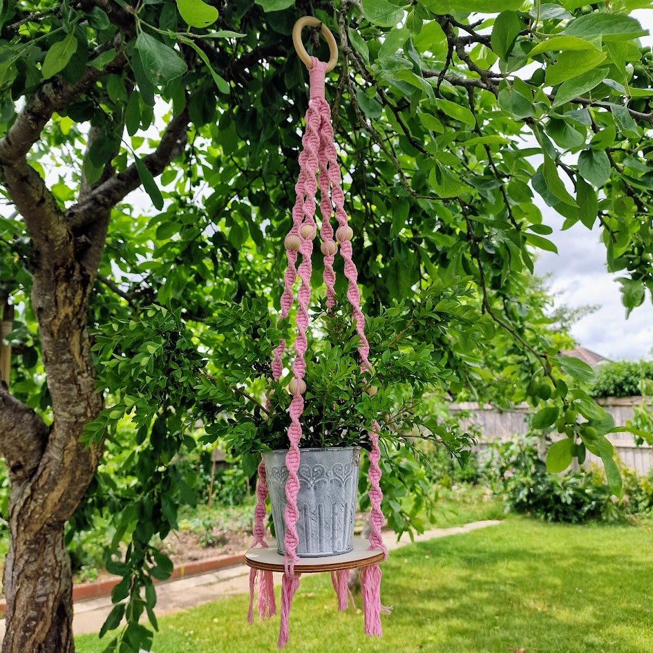 Handmade Macrame Plant Hanger with Wooden Shelf - Twist Knot