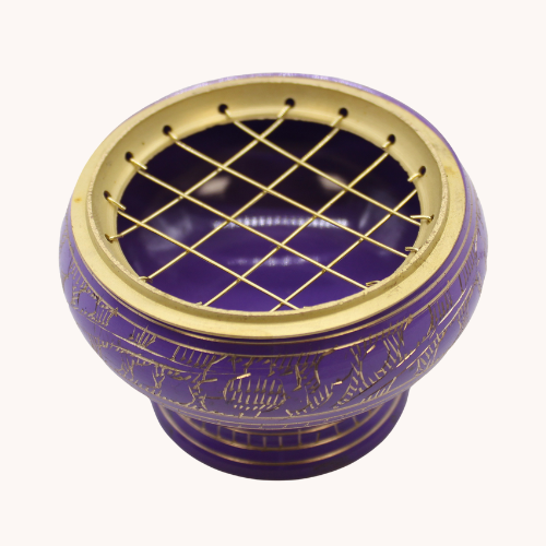 Purple resin incense burner with brass lid representing the Crown Chakra