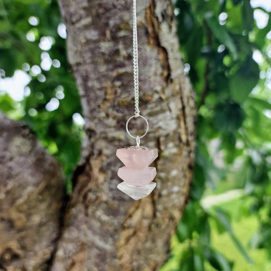 Pyramid Crystal Pendulum featuring Amethyst, Rose Quartz, and Clear Quartz with a silver chain for chakra healing, dowsing, and spiritual practices.
