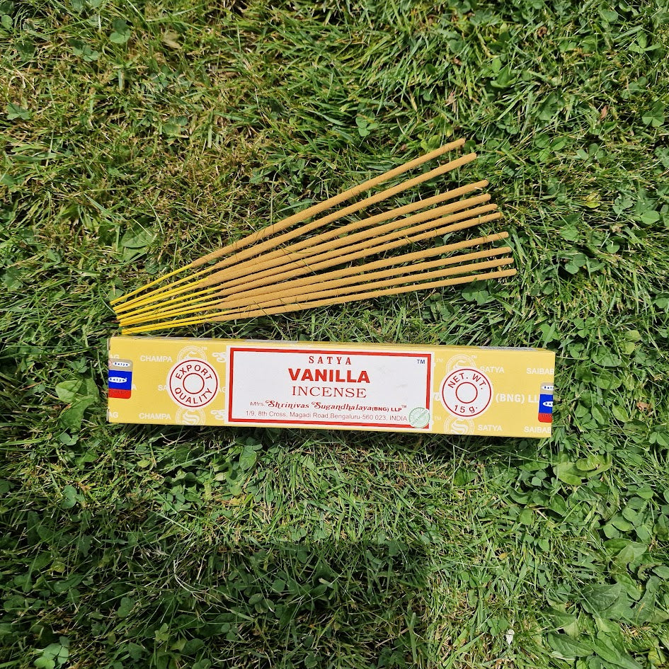 Satya Vanilla incense sticks with soft, creamy fragrance for comfort and calm
