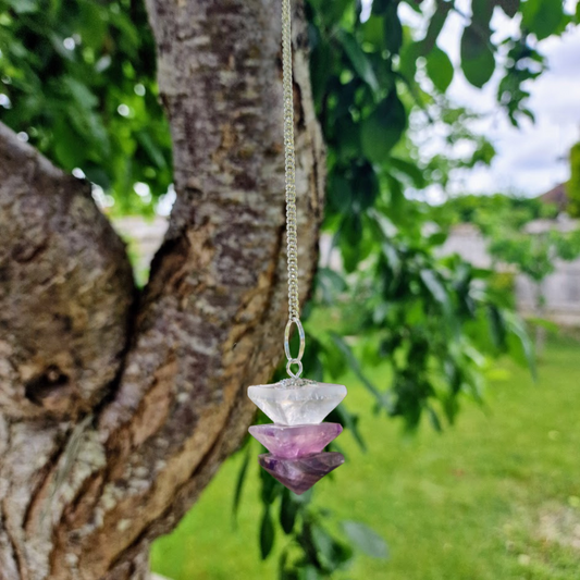 Pyramid Crystal Pendulum featuring Amethyst, Rose Quartz, and Clear Quartz with a silver chain for chakra healing, dowsing, and spiritual practices.