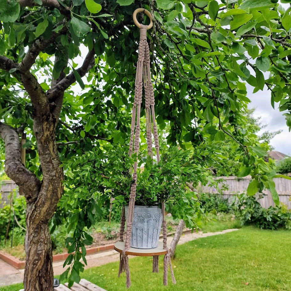 Handmade Macrame Plant Hanger with Wooden Shelf – Square Knot