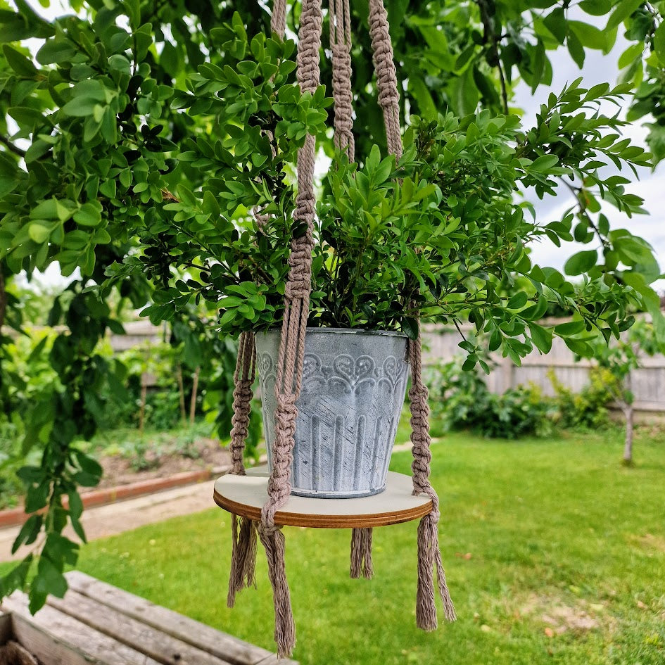 Handmade Macrame Plant Hanger with Wooden Shelf – Square Knot