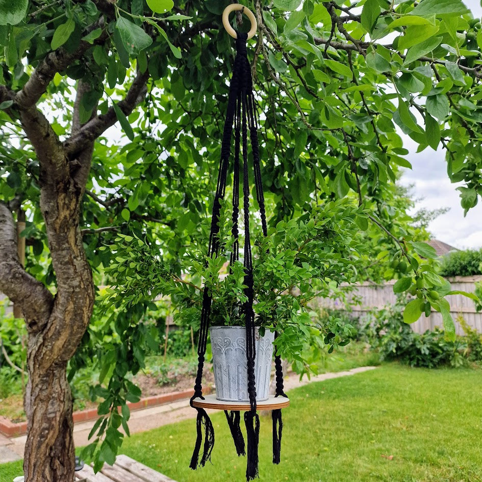 Handmade Macrame Plant Hanger with Wooden Shelf – Square Knot