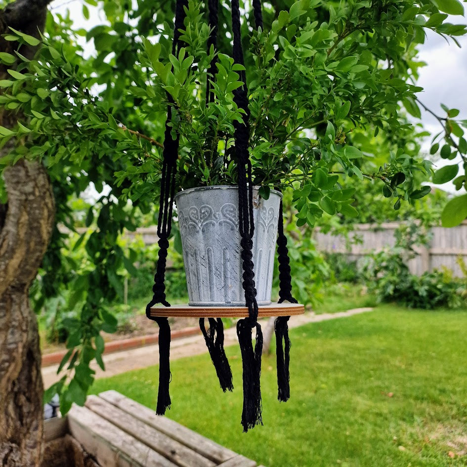 Handmade Macrame Plant Hanger with Wooden Shelf – Square Knot
