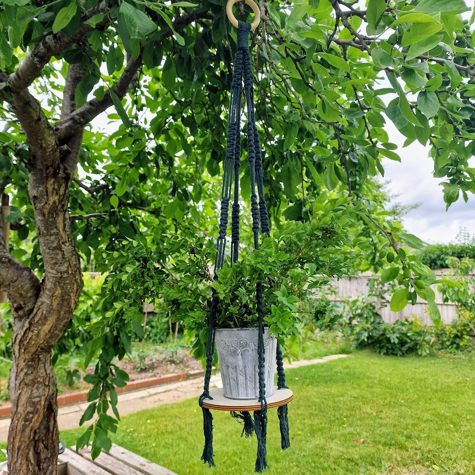Handmade Macrame Plant Hanger with Wooden Shelf – Square Knot