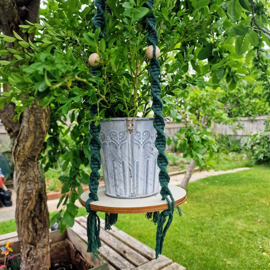 Handmade Macrame Plant Hanger with Wooden Shelf - Twist Knot
