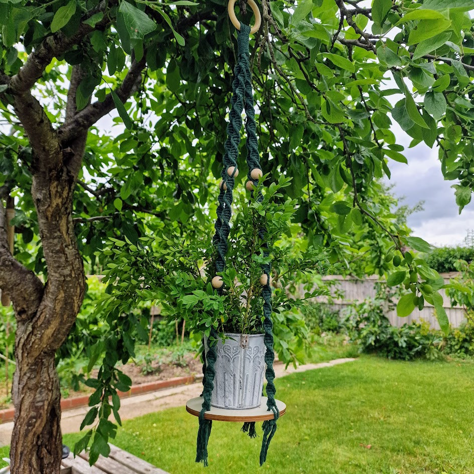 Handmade Macrame Plant Hanger with Wooden Shelf - Twist Knot