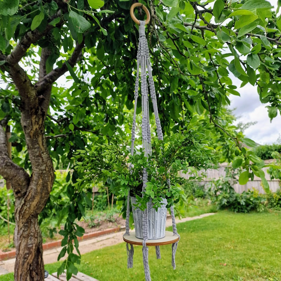 Handmade Macrame Plant Hanger with Wooden Shelf – Square Knot