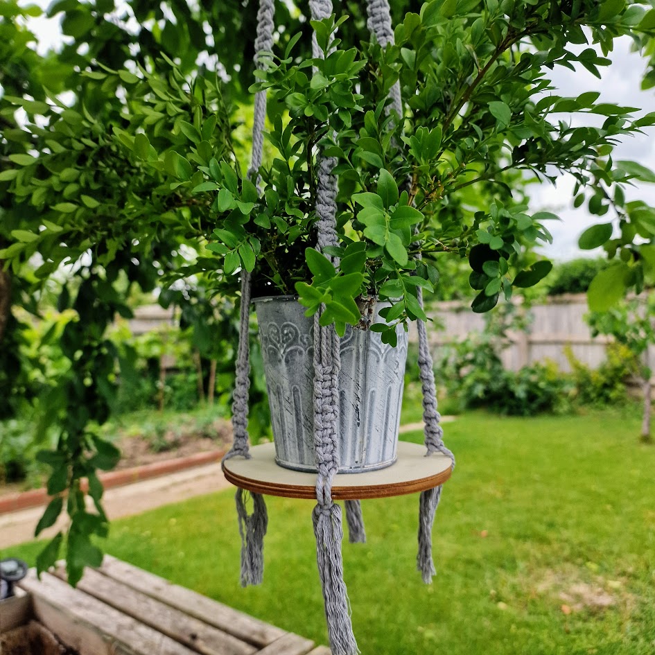 Handmade Macrame Plant Hanger with Wooden Shelf – Square Knot