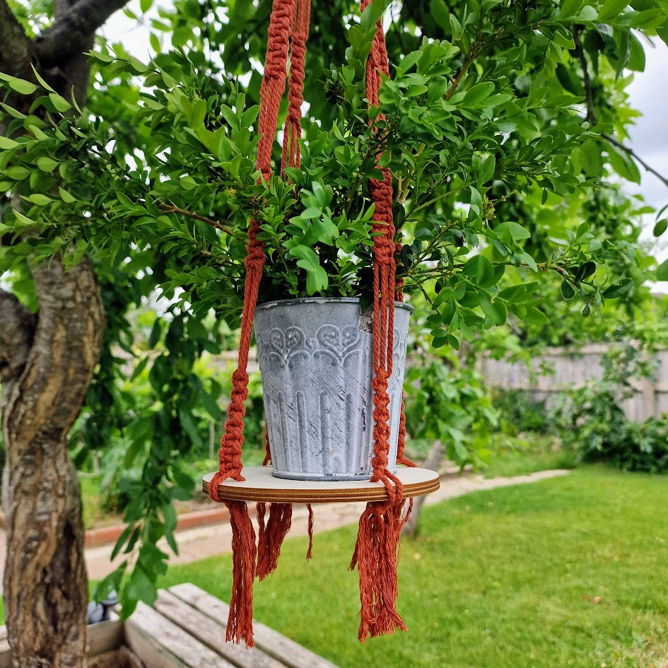 Handmade Macrame Plant Hanger with Wooden Shelf – Square Knot