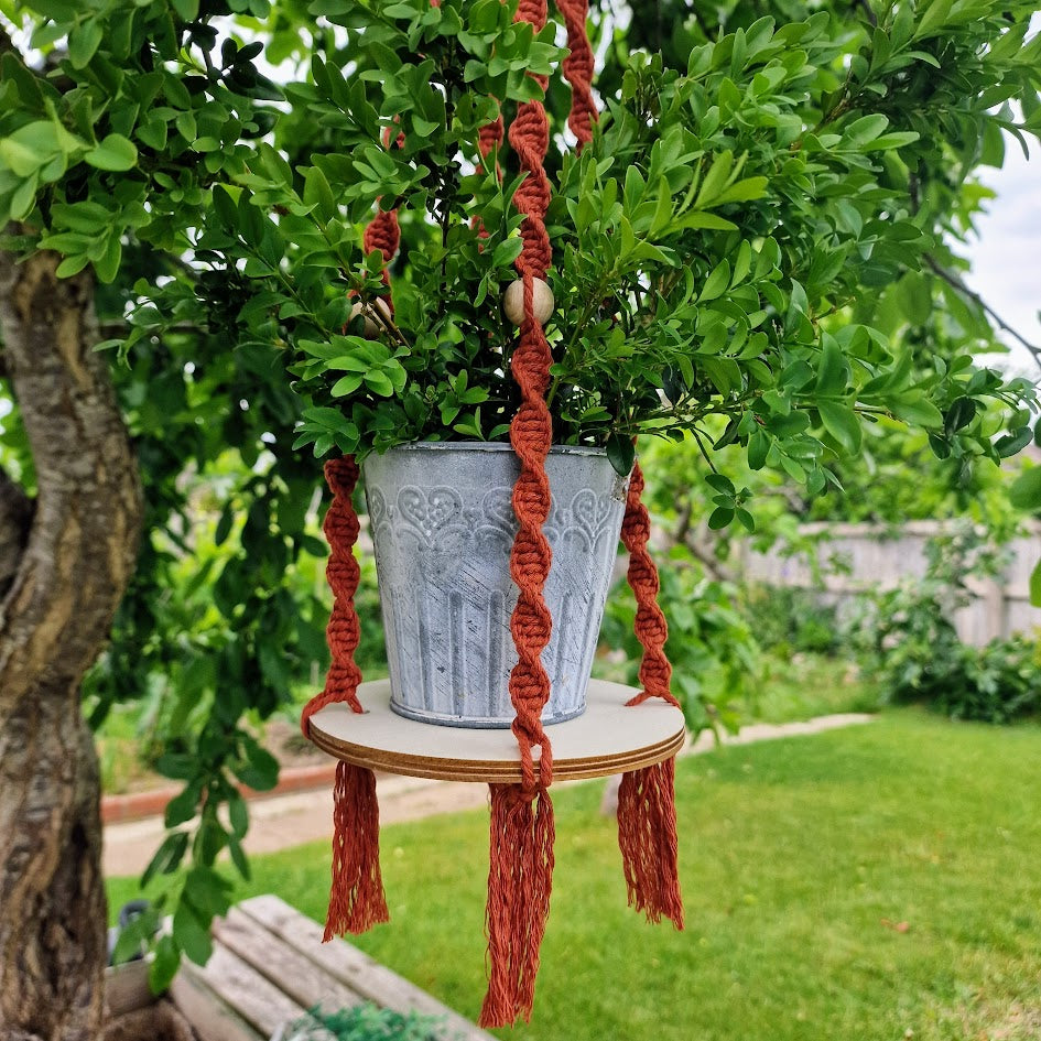 Handmade Macrame Plant Hanger with Wooden Shelf - Twist Knot