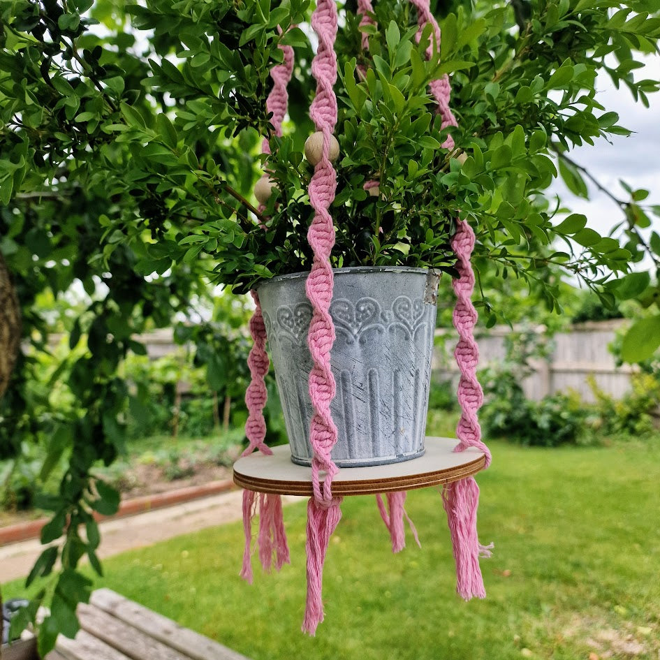 Handmade Macrame Plant Hanger with Wooden Shelf - Twist Knot