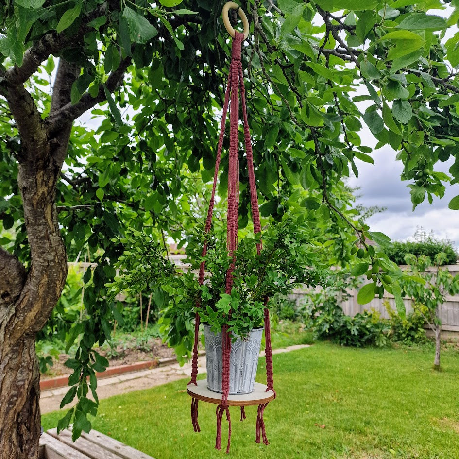 Handmade Macrame Plant Hanger with Wooden Shelf – Square Knot