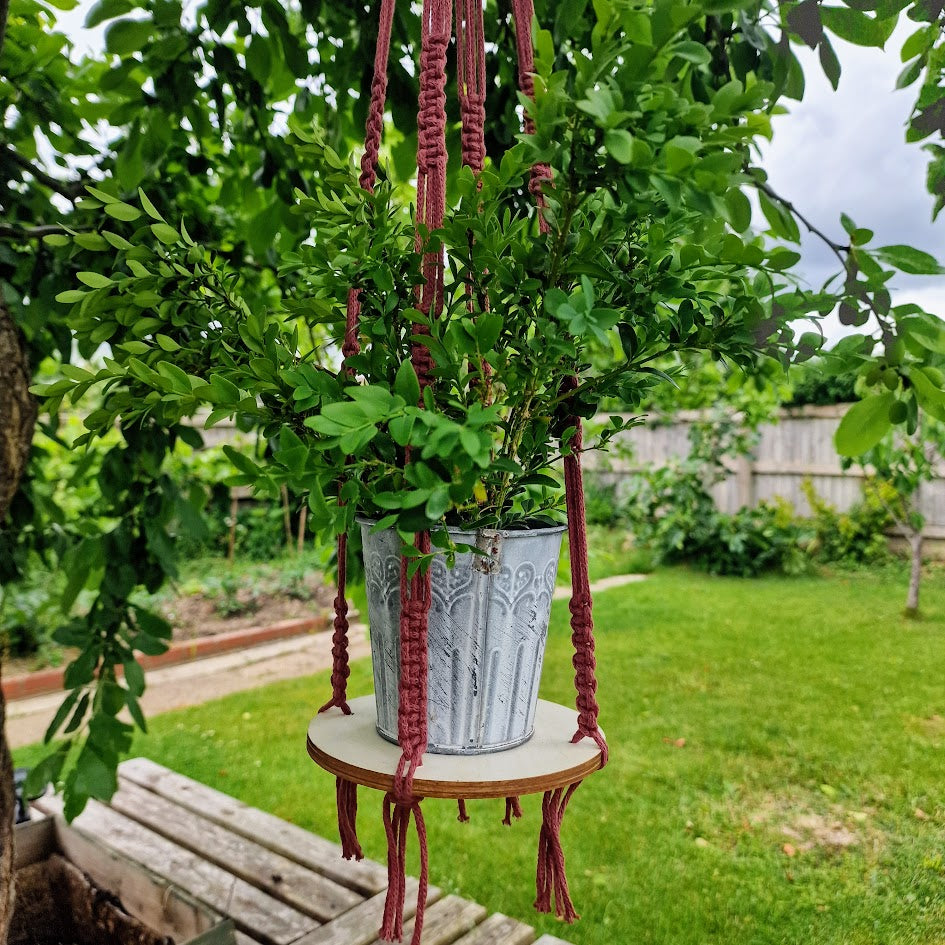 Handmade Macrame Plant Hanger with Wooden Shelf – Square Knot