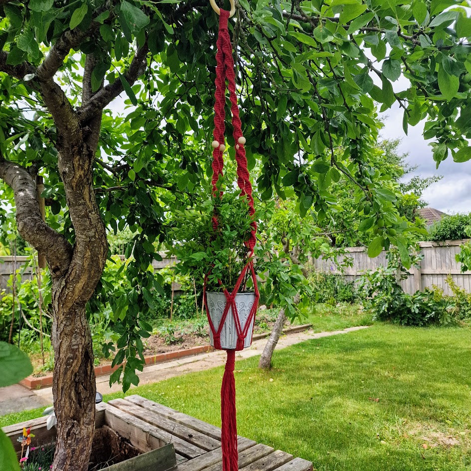 Handmade Macrame Plant Hanger with Wooden Shelf - Twist Knot