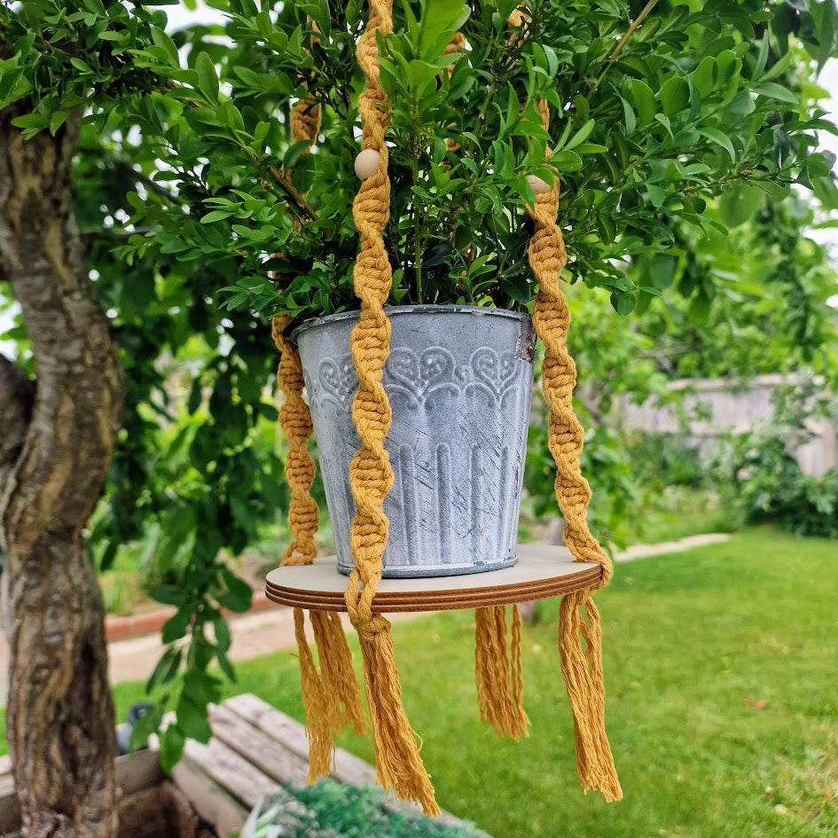 Handmade Macrame Plant Hanger with Wooden Shelf - Twist Knot