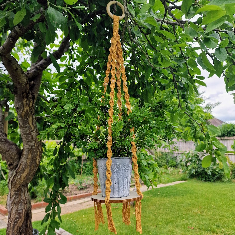 Handmade Macrame Plant Hanger with Wooden Shelf - Twist Knot