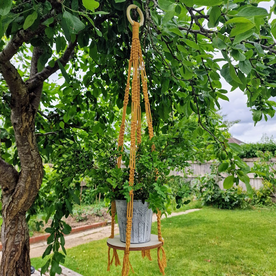 Handmade Macrame Plant Hanger with Wooden Shelf – Square Knot