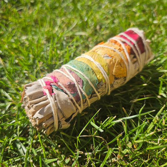 White Sage Smudge Stick Wrapped with Rainbow Rose Petals