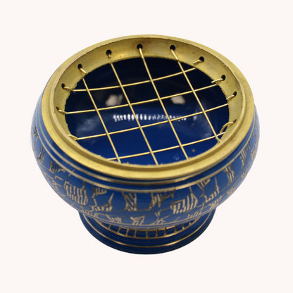 Blue Third Eye Chakra resin incense burner with brass charcoal screen 