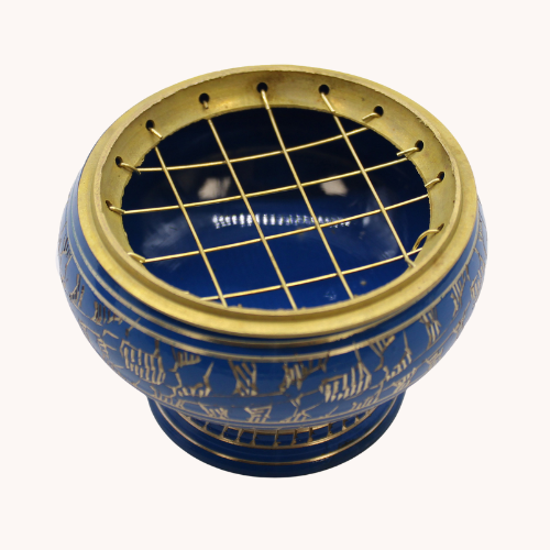 Blue Third Eye Chakra resin incense burner with brass charcoal screen 