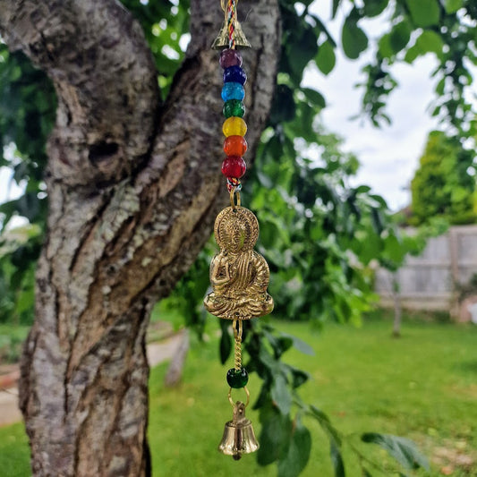Indian Brass Buddha Wind Chime with Chakra Beads and Bells – 53cm Hanging Spiritual Décor