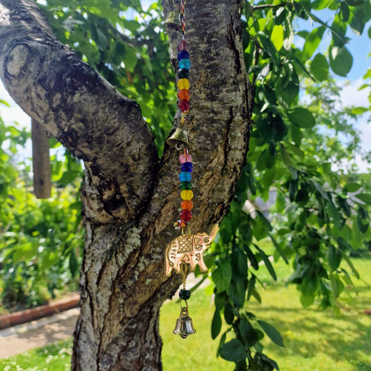 Indian Brass Elephant Wind Chime with Chakra Beads and Bells – 53cm Hanging Spiritual Décor