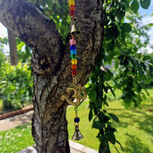 Colourful Om brass chime with chakra beads and bells for spiritual wall or door décor – 53cm Hanging Spiritual Décor