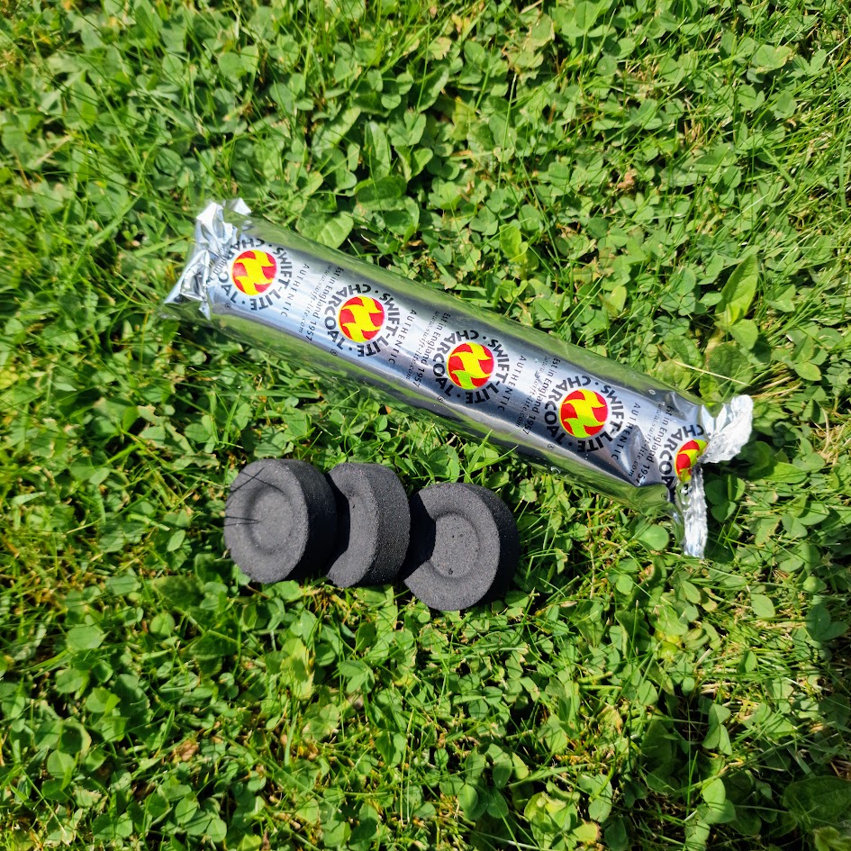 Charcoal tablets for burning resin incense, packaged in foil