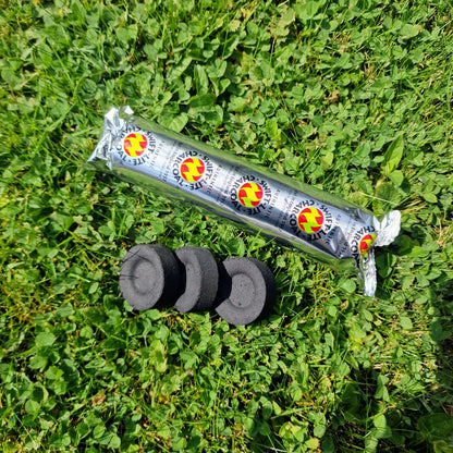 Charcoal tablets for burning resin incense, packaged in foil