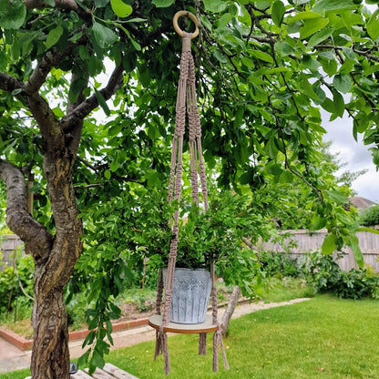 Handmade Macrame Plant Hanger with Wooden Shelf – Square Knot