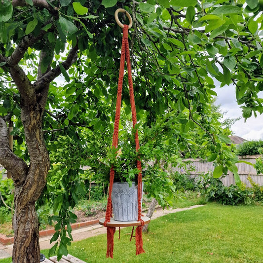Handmade Macrame Plant Hanger with Wooden Shelf – Square Knot