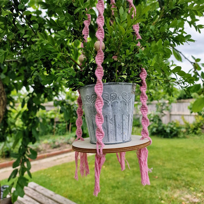 Handmade Macrame Plant Hanger with Wooden Shelf - Twist Knot