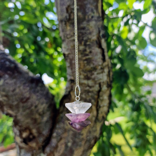 Pyramid Crystal Pendulum featuring Amethyst, Rose Quartz, and Clear Quartz with a silver chain for chakra healing, dowsing, and spiritual practices.